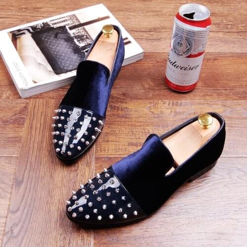 Luxury Glitter Studded Rivet Men black Flats New Trendy Men Casual Shoes Blue Black Men Loafers