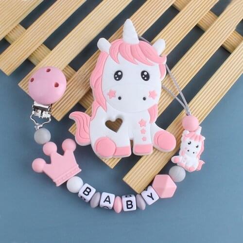 Customizable Letter Unicorn Pacifier Clips Chain Teether Pendants for Baby Infant Chew Leash Nipple Holder Teether Creative Gift