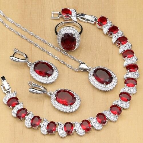 Natural 925 Silver Jewelry Red Ruby Birthstone Charm Jewelry Sets Women Engagement Earrings/Pendant/Ring/Bracelets/Necklace Set