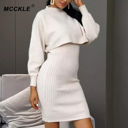 Solid Knitted Dress Two Piece Set Women 2021 Autumn Long Sleeve Pullovers Slip Dresses Sets Fashion Ladies Office Lady Slim Suit