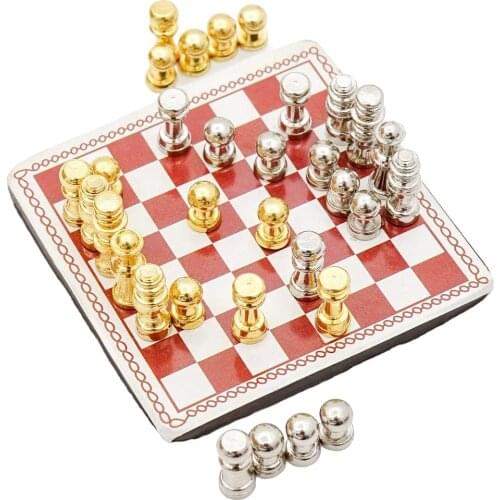 Odoria 1:12 Miniature Metal International Chess Set 32 Chesses and Chessboard Living Room Dollhouse Accessories Doll House Decor