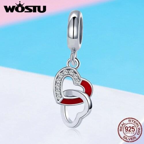 WOSTU Real 925 Sterling Silver Intertwined Hearts Pendant Charm fit Beads Bracelet Necklace DIY Jewelry Lover Gift FIC735