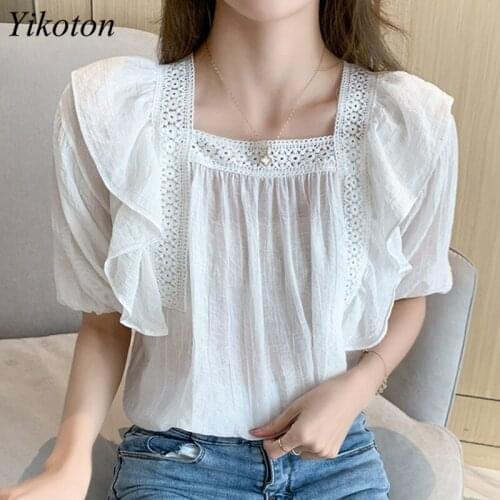 Top Women Blouse Ruffles Fashion White Shirt Square Collar Summer 2021 New Chiffon Womans Shirt Female Chemis Femme Tops Blusas