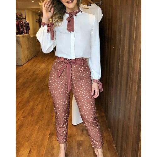 Woman 2 Pieces Sets Solid Button Blouses Shirts Polka Dot Pants With Sahes Elegant Office Lady Autumn Casual Two Pieces Sets