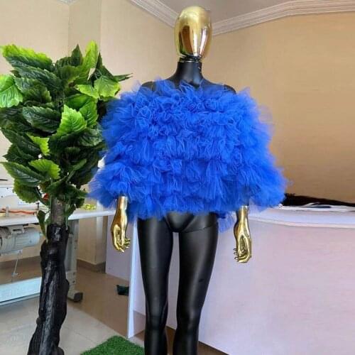 Chic Tulle Crop Top Royal Blue Off the Shoulder Ruffled Tulle Women Tops Custom Made Long Sleeve Fashion Blouse Shirt ropa mujer