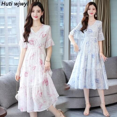 2021 Pink Floral Chiffon Beach Midi Dress Summer Vintage 4XL Plus Size Boho Sweet Sundress Elegant Women Bodycon Party Vestidos