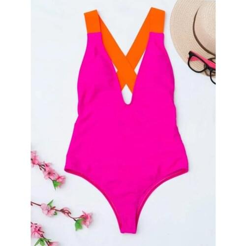 2021 Sexy Pink One Piece Swimsuit Women Swimwear Bodysuit Swimsuit Female Deep V Monokini Hollow Out Bathing Suits Beach Wear