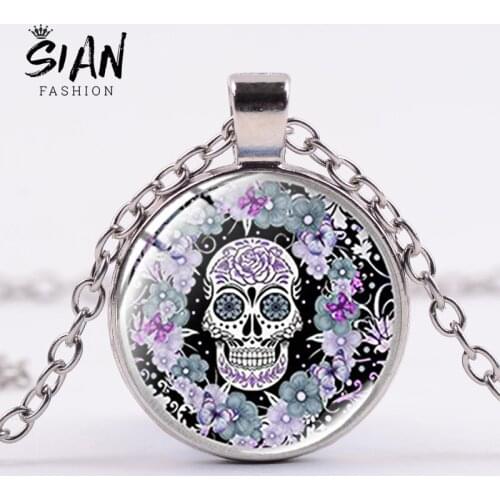 SIAN Mexican Colorful Flower Sugar Skull Necklace Day of The Dead Glass Art Skeleton Pattern Silver Color Chain Necklaces Unisex