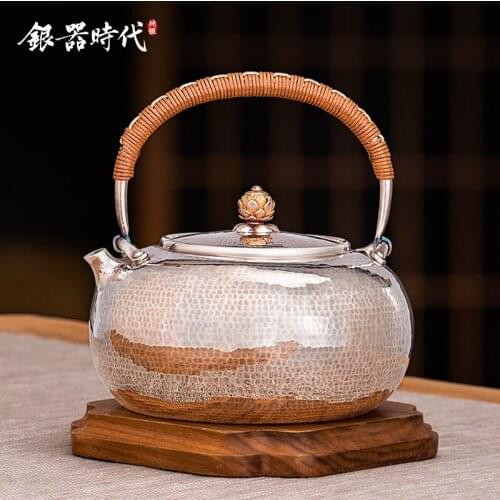 Ag999 Sterling Silver Teapot Hand-Carved Kitchen Utensils Handmade Coffee Tea Pot