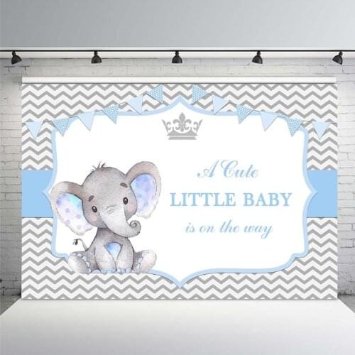 MEHOFOTO Photographic Backgrounds Blue Gray Wavy Line Frame Welcome Baby Elephant Boy Birthday Backdrops Photocall for The Photo