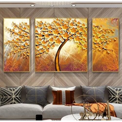 Golden Plum Blossom Tree Oil Painting on Canvas Wall Art Posters and Prints Wall Pictures for Living Room Home Cuadros Decor