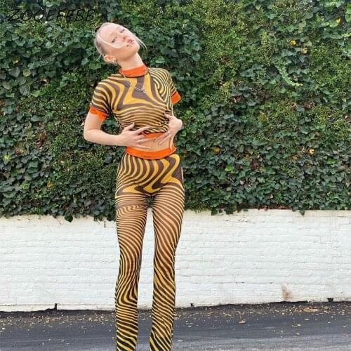 ZOOEFFBB Zebra Pattern Two Piece Set Sexy Mesh Sheer Slim Top Straight Pants Club Vacation Outfits for Women Loungewear Clothes