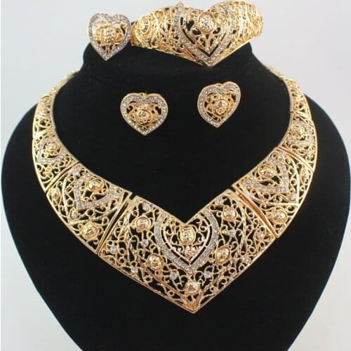 Hot Sale Gold Color Crystal Heart African Jewelry Sets Wedding Bridal Accessories Costume Necklace Women Party Gift