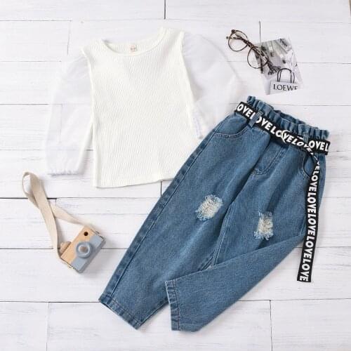 1-6Y Kids Baby Girl Clothes Sets Spring Autumn 2-Pieces Mesh Puff Sleeve Ribbed Tops+Ripped Denim Trousers with Belt Girl Outfit