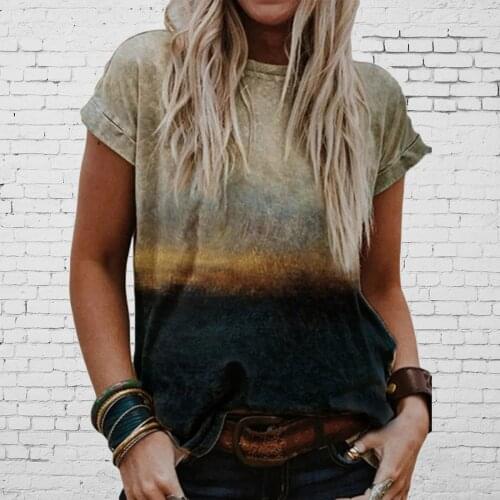 40# Summer Elegant T-shirts Vintage Beautiful Landscape Print Short Sleeve Plus Size T-shirt O-neck Casual Top Футболки Оверсайс