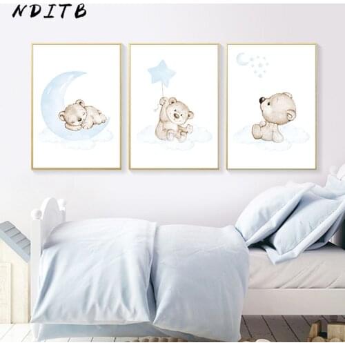 Moon Star Bear Child Wall Poster Canvas Art Print Simple Cartoon Painting Nordic Kids Decoration Picture Baby Boy Bedroom Decor