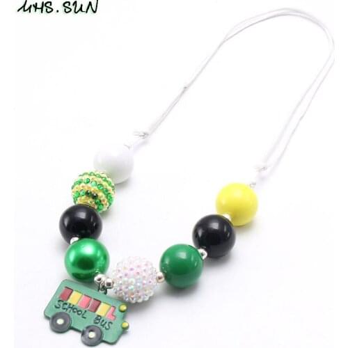 MHS.SUN Kids Girls Back to School Series Necklace Baby Chunky Bubblegum Necklace With School Bus Pendant Adustable Rope Jewelry