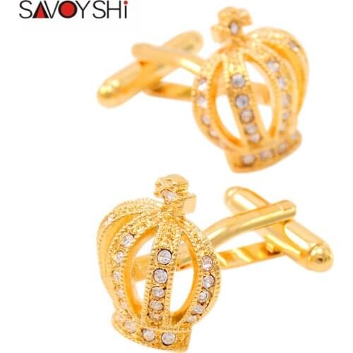SAVOYSHI Luxury Crystal Crown Cufflinks for Mens Gift Shirt Cuff button High Quality Gold Cuff links Men Accessories Abotoaduras