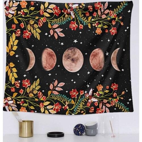 Garden Tapestry Galaxy Starry Moon Phase Watercolor Floral Flower Vine Blcak Backdrop Wall Haniging Tapestry For Bedroom