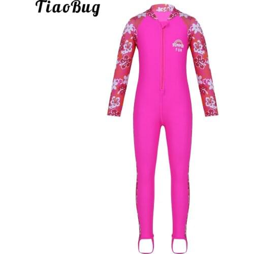 TiaoBug Summer 3 To12 Years Kids Girls One-Piece Flower Printed Long Sleeves Zipper Up Rash Guard Swimsuit Swimwear Bathing Suit