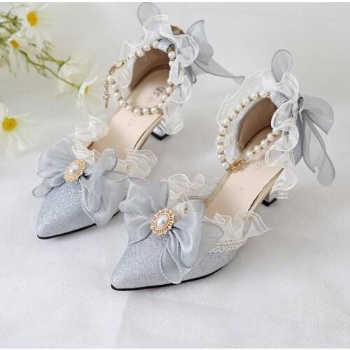 Original Girls Sweet Lolita Ruffles Bowknot Lace Bridal Wedding Shoes Women High Heel Bordered Pearl Chain Princess Shoes