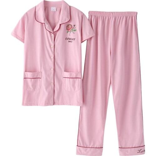 Summer Pajamas For Women Sleepwear Short Sleeve Turn-down Female Pyjamas Short Tops+Long Pants 2Pcs Set Womens Pajama