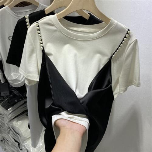 Cotton 95% Beaded Fake Two-Piece Women T-Shirts Summer New Design 2021 Short-Sleeved Elegant Female Pulls Tops Tees