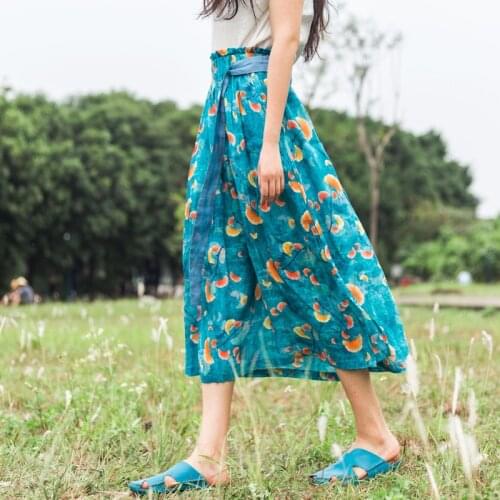 QPFJQD Ladies Summer Flower Printed Elastic Waist Skirts Loose Women Soft Ramie Retro Skirt 2021 Blue
