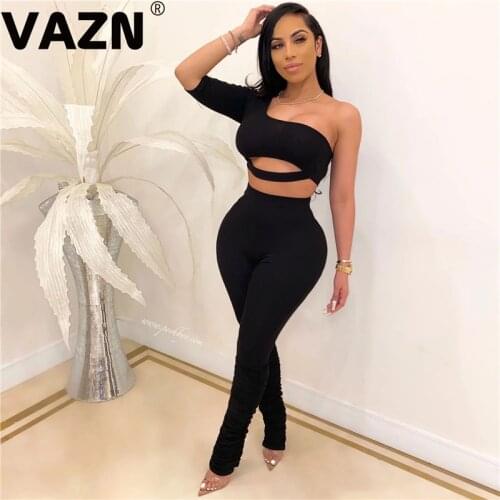 VAZN 2020 New Plus Size Open One off Shoulder Sexy Club Hollow Out Solid Half Sleeve Group Long Pants Elastic Women 2 Piece Set