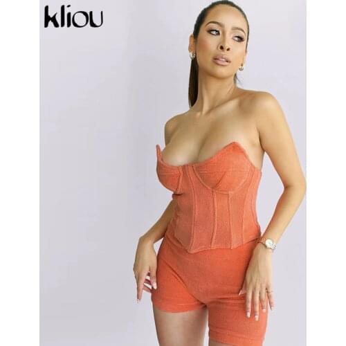 Kliou Velour Two Piece Set Women Wrapped Chest Corset Tops+Simple Biker Shorts Matching Outfit Female Casual Workout Atirewear
