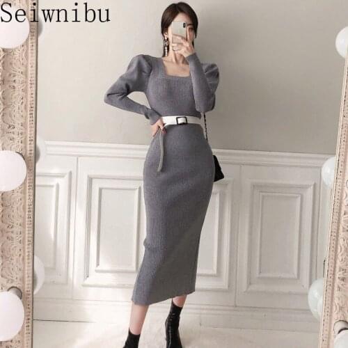 Elegant Square Collar Puff Sleeve Black Knitted Long Belt Dress Women Korean Autumn Winter Slim Belted Split Female Sweater