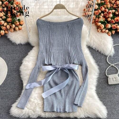 HangCode Women Dress Autumn 2021 Sexy Wrap Hips Lace Up Bodycon Dress Off Shoulder Long Batwing Sleeve Knit Black Mini Dress