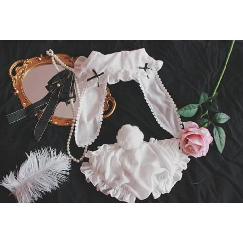 Sexy Cute Girls Womens Rabbit Ears White 2PCS Short Bra & Ruffles Trim Panties Chffion Exotic Set Kawaii Cosplay