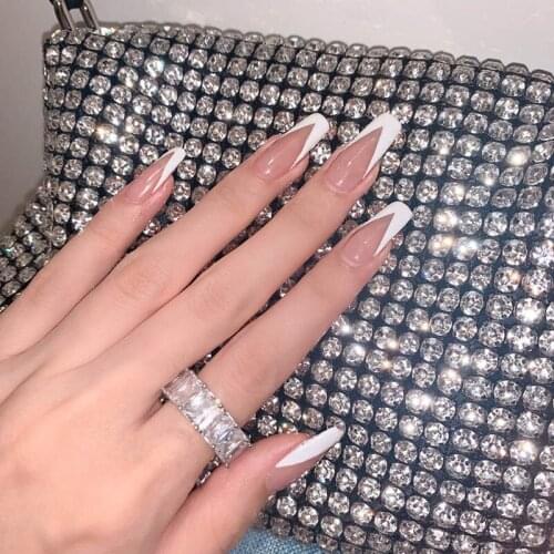 24pcs press on nails with glue sticker White eage French trapezoid super long False nails Detachable gauze Manicure patch TN