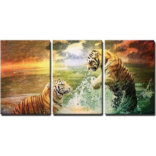3 Piece Canvas Wall Art - Tiger and Tigress Playing in The Sea Printed On Canvas Wall Decor Drop shipping