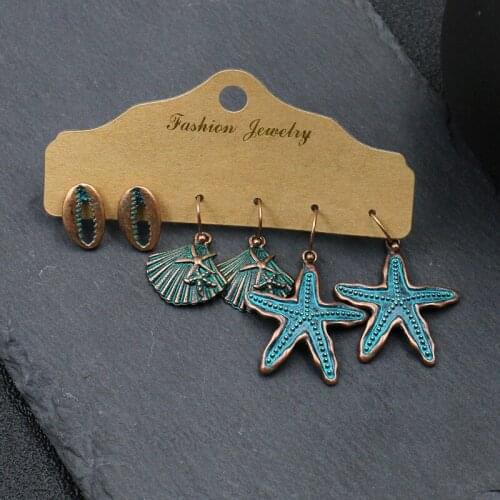 3PCS/Set Ethnic Bronze Earrings Set Summer Fashion Women Vintage Leaf Star Shell Shape Wedding Jewelry