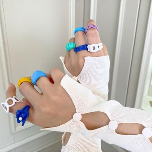 9PCS Summer Fashion Colorful Geometric Round Acrylic Ring Set For Women Candy Color Irregular Opening Rings Party Finger Jewelry