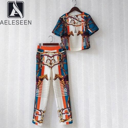AELESEEN Women Summer 2 Pieces Sets 2021 Designer Contrast Color Horse Chian Print Short Tees+Full-Lenght Pants Casual Twinsets