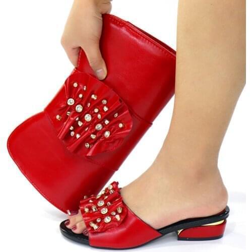Red African Women Lower Heels Shoes And Bag Set Slippers With Handbag zapatos de mujer sac a main pantuflas CR531 Height 3cm