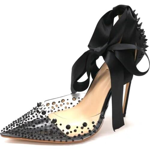 FRee shipping fashion women pumps black crystal spikes rivets pointy toe heels Designer pumps shoes