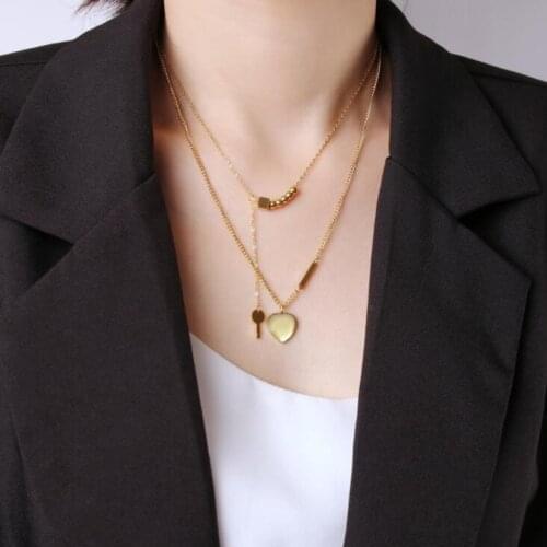 316L Stainless Steel 2 Layer Beaded Love Heart key Charms Chain Choker Necklace For Women Fashion Fine Jewelry Party Gift SAN461