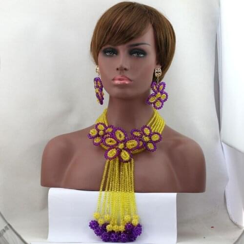 Graceful Costume African Jewelry Set Yellow/Purple Nigerian Wedding Crystal Necklace Bracelet Earrings Set Indian Bridal ALJ629