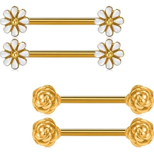 JFORYOU Pair of Cute Daisy and Rose Flower Nipple Barbell Ring 14G 5/8 inch Stainless Steel Nipple Bar Piercing Jewelry