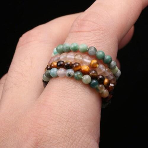 Natural Stone Beads Rings 3mm Round Beads Elastic Strand Finger Ring Handmade Creative Ring for Women Men Party Jewelry