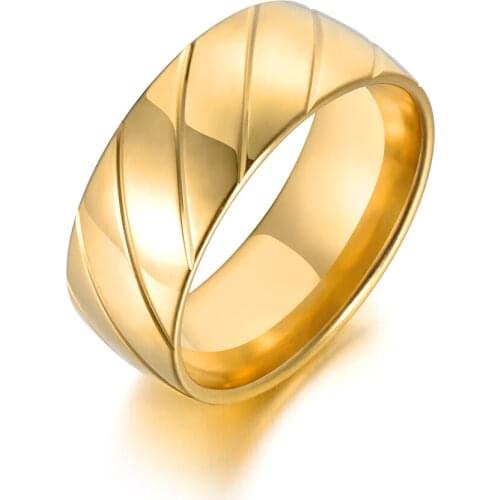 Creative 8mm Slash Cutting Gold Color Stainless Steel Ring For Women Simple Couple Titanium Steel Wedding Ring Jewelry R18122