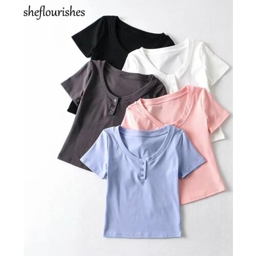 Summer o neck t shirt women short sleeve tees kawaii slim t shirt white black cropped t shirts korean buttons tops women 2021