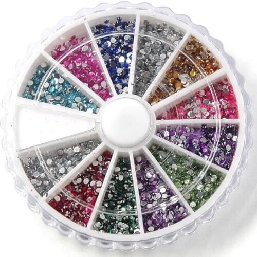 Box Of Small Rhinestone Decoration Gel Nail Manicure Tip Round Glitter 12 Color