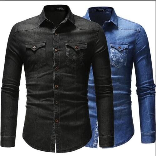 Spring Autumn High Quality Denim Shirt Men Casual Long Sleeve Fit Slim Leaf Print Pocket Personality Shirt Male Work Clothing