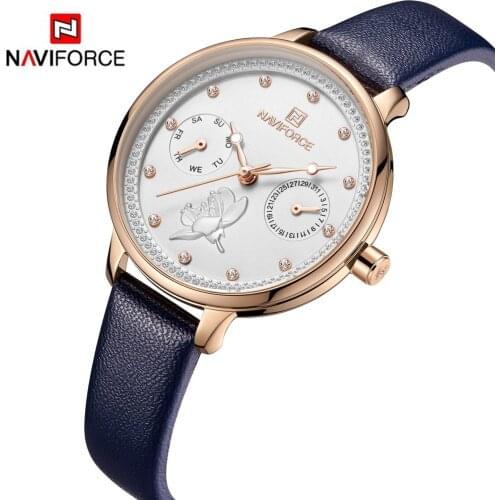 NAVIFORCE Women Watch Fashion Quartz Lady Leather Watchband Date Week Casual Waterproof Wristwatch Gift for Girl 2019 New Blue