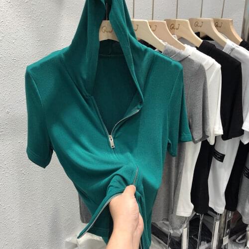 Hooded Design Solid Knitted Women T-Shirts Summer New 2021 Zipper Slim Elastic Female Pulls Tops Tees